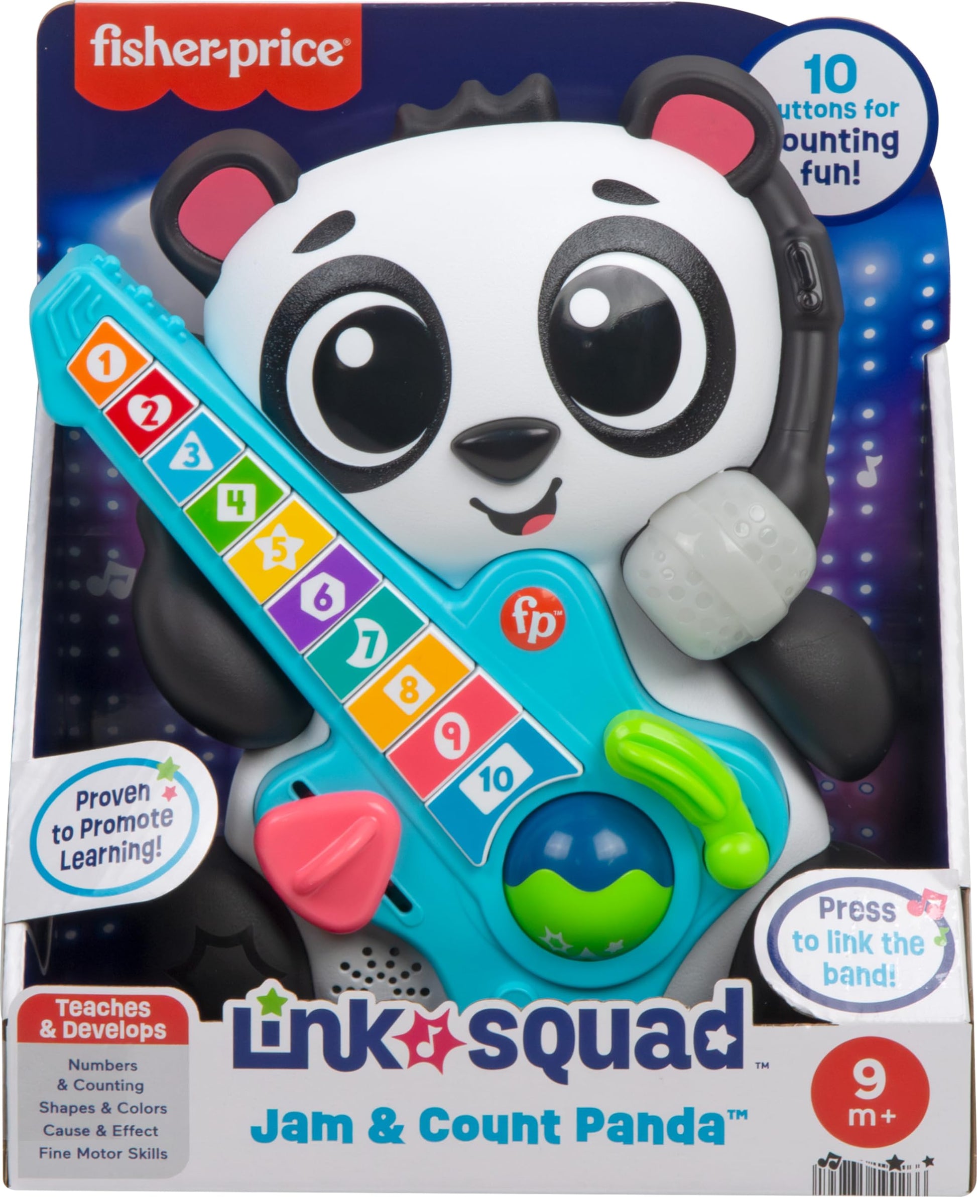 Fisher-Price Link Squad Jam & Count Panda baby learning toy with music, lights, and colorful panda design for children 9 months and older