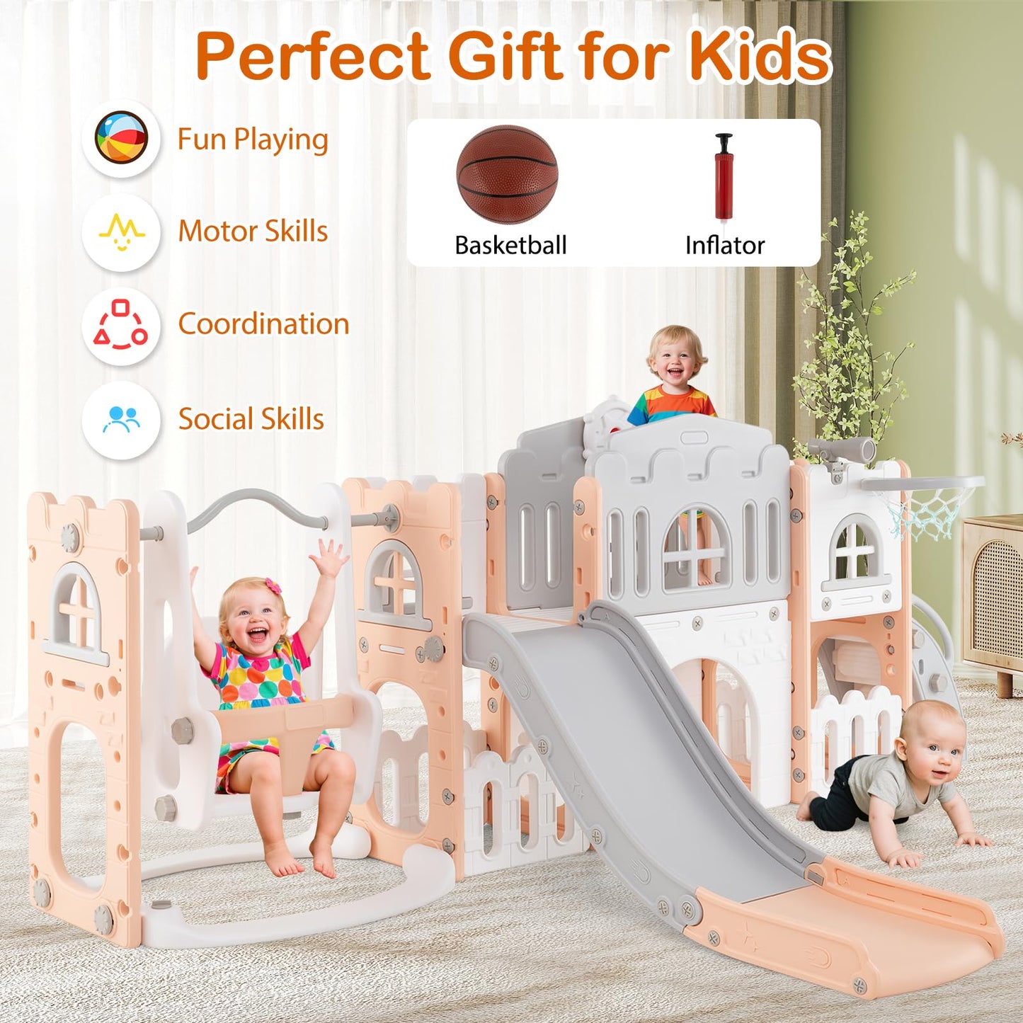 COSTWAY Toddler Swing and Slide Set, 10 in 1 Kids Slide with Climber Ladder, Basketball Hoop, Telescope, Tunnel, Storage Space, Indoor Outdoor Playground for 1+ Years Old (Grey + Pink)