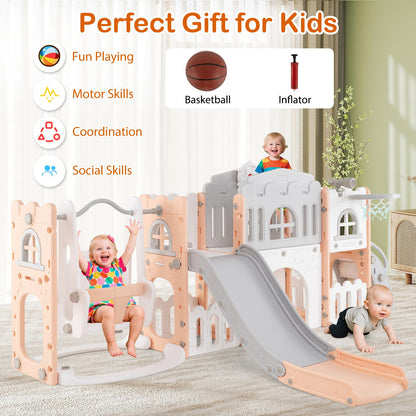 COSTWAY Toddler Swing and Slide Set, 10 in 1 Kids Slide with Climber Ladder, Basketball Hoop, Telescope, Tunnel, Storage Space, Indoor Outdoor Playground for 1+ Years Old (Grey + Pink)