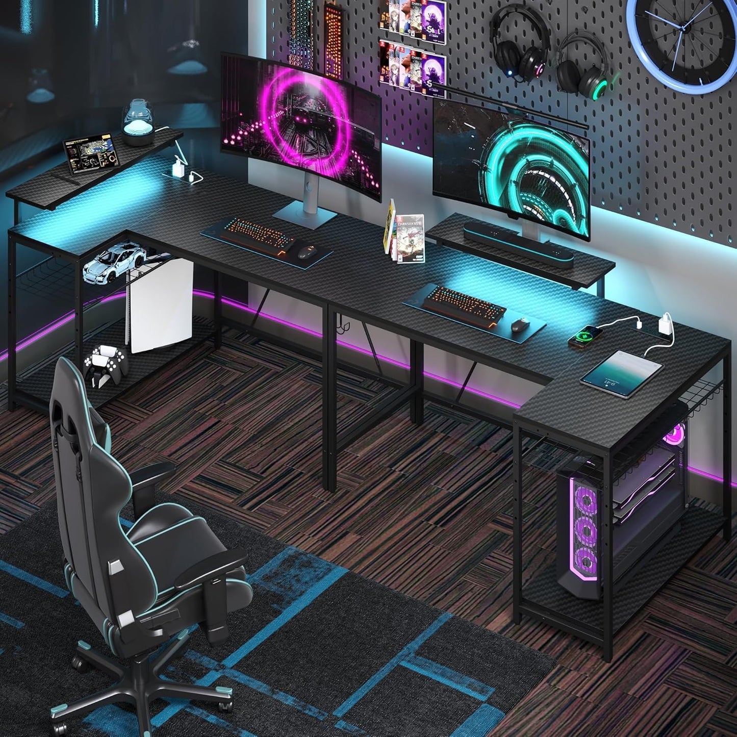 Bestier 132.5cm L-shaped workstation with carbon fibre surface, LED lights, shelves, hooks, and built-in power outlets and USB ports.