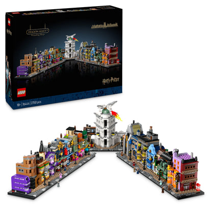 LEGO Harry Potter Diagon Alley building set showing microscale shops and 12 microfigures in detailed display model.