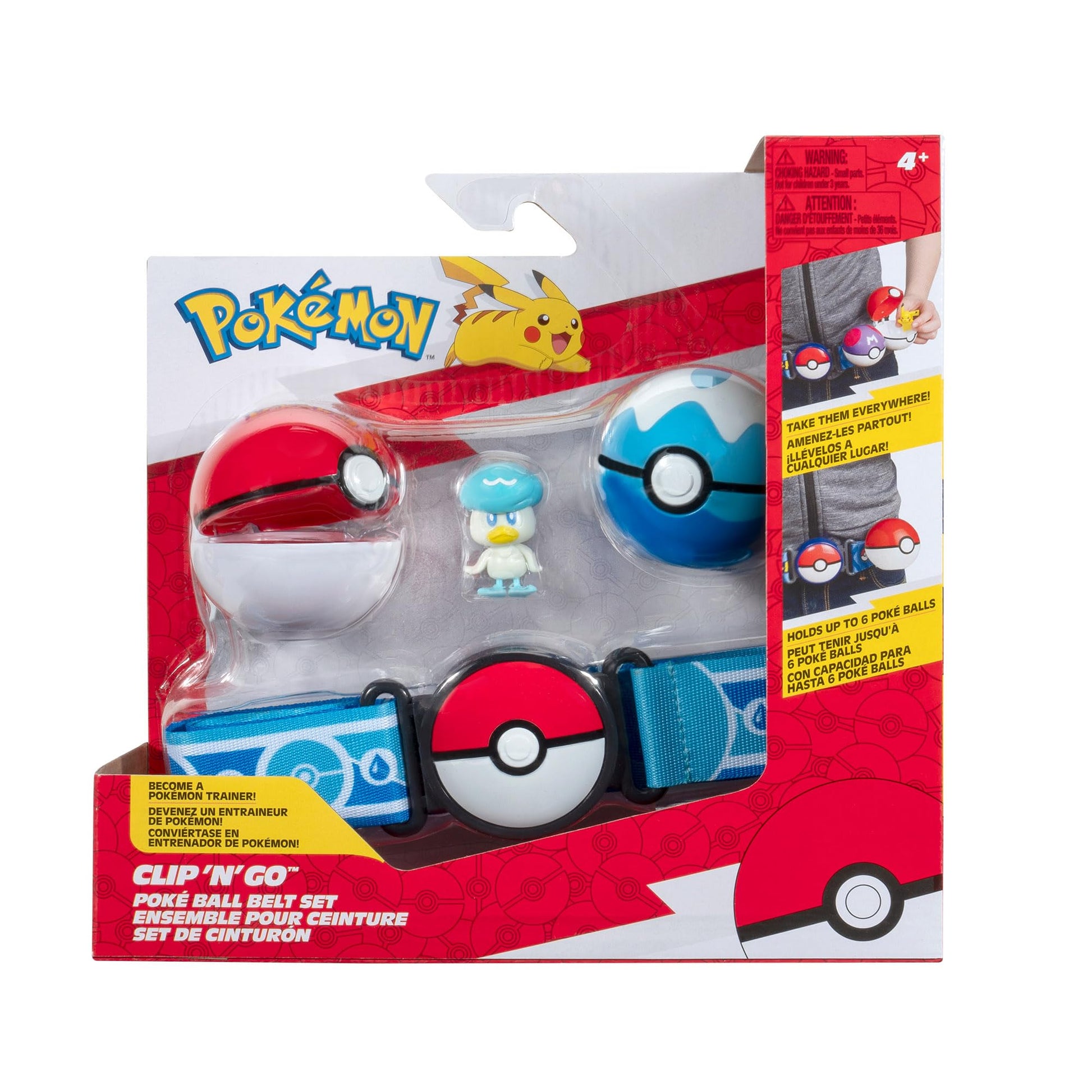 Pokémon Clip N Go Poke Ball Belt Set with Quaxly, themed belt, Dive Ball, and Water Ball accessories displayed together.