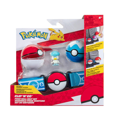 Pokémon Clip N Go Poke Ball Belt Set with Quaxly, themed belt, Dive Ball, and Water Ball accessories displayed together.