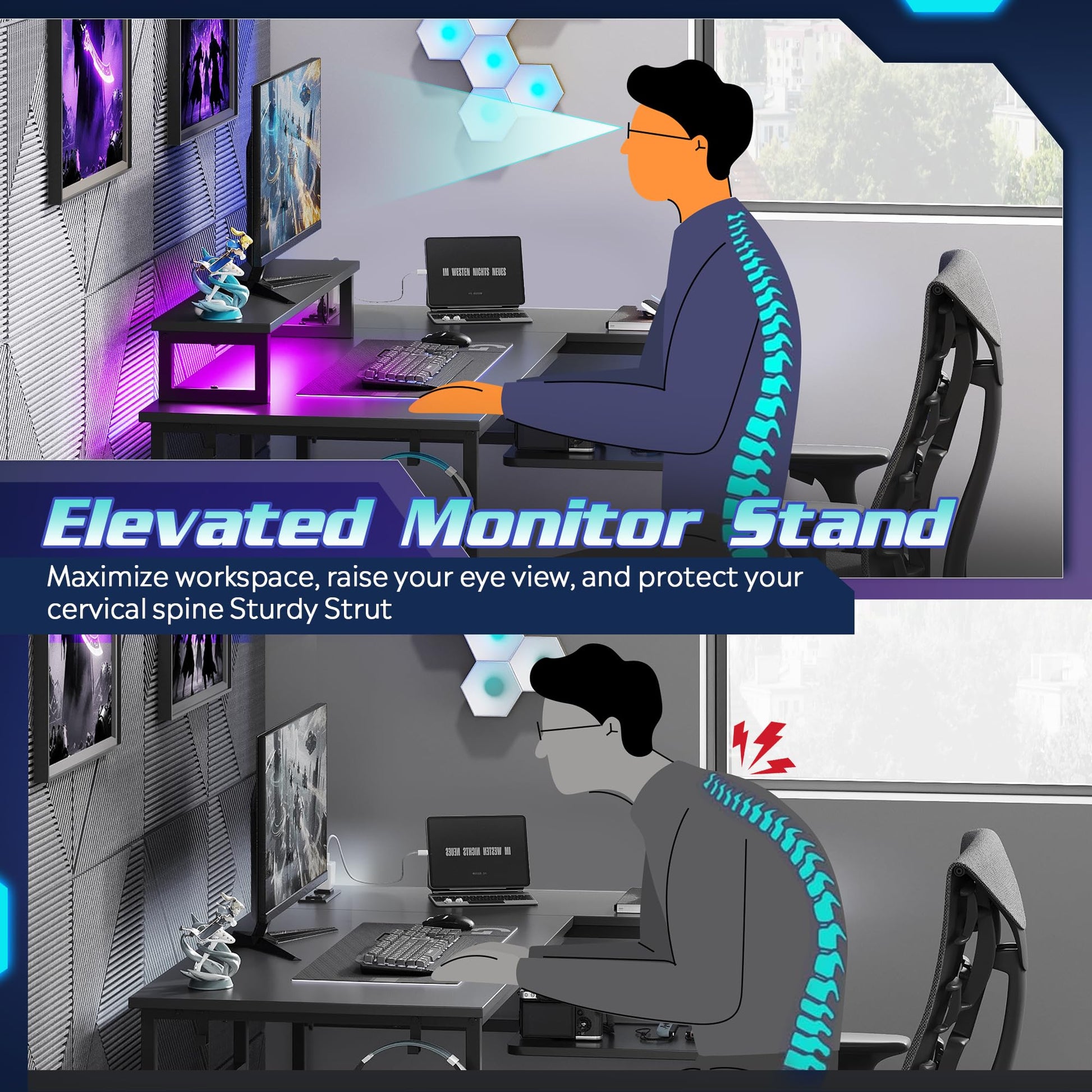 DEVAISE L-shaped gaming desk with RGB LED lights, monitor stand, storage shelf, and power outlets in black for home office use.