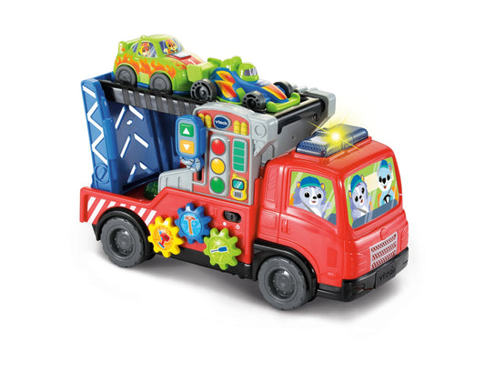 VTech Road Rescue Car Carrier, Interactive Car Carrier Truck, Includes 2 Cars, 55+ Sound Effects, Motor Skills Development, Suitable for Ages 12, 18, 24 Months, English Version