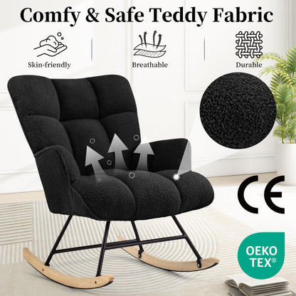 Aunekiv Rocking Chair for Nursery, Teddy Upholstered Glider Nursing Chair for Adults, Comfy Rocking Armchair Indoor for Living Room Bedroom, Black