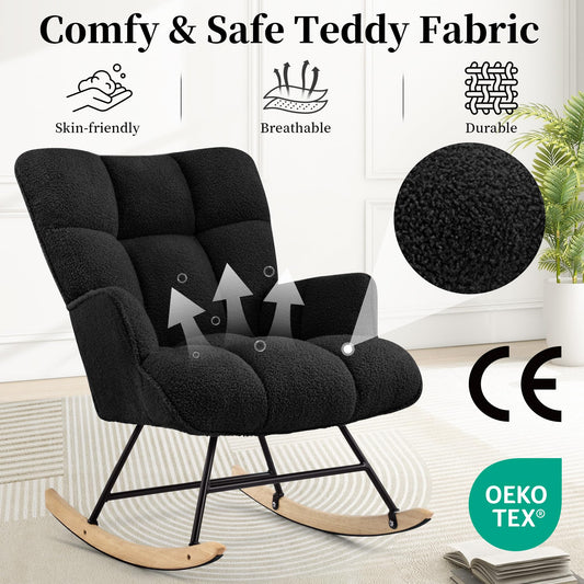 Aunekiv Rocking Chair for Nursery, Teddy Upholstered Glider Nursing Chair for Adults, Comfy Rocking Armchair Indoor for Living Room Bedroom, Black