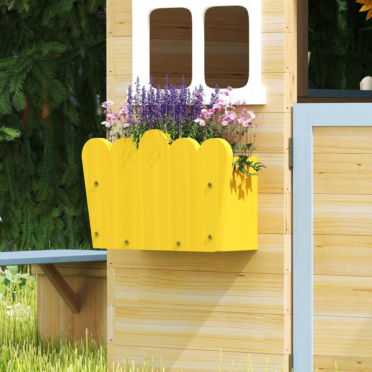 Outsunny wooden kids' playhouse with blue exterior, door, windows, picnic bench, flower pot, and pretend play stations for ages 3-7