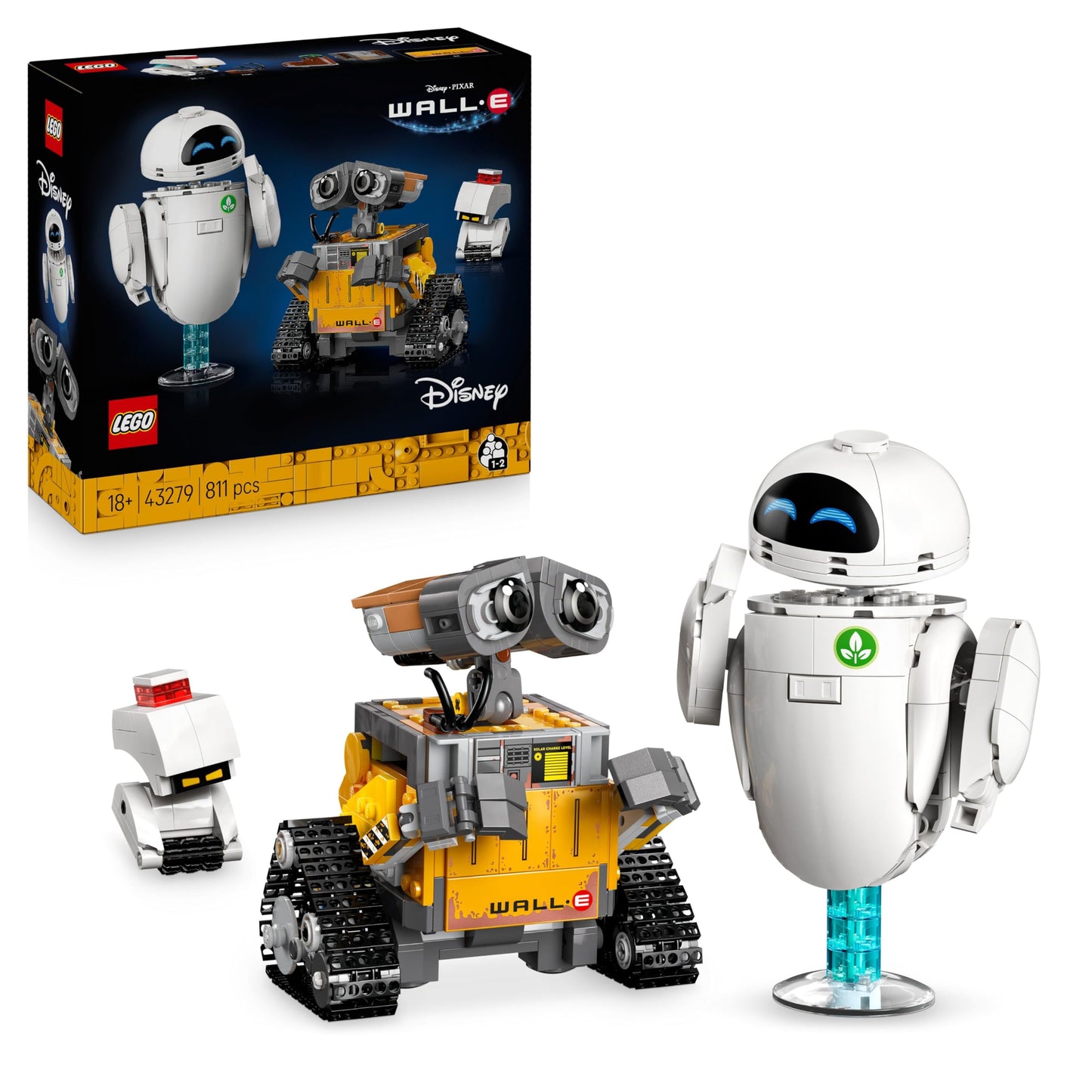 LEGO Disney Pixar WALL-E and EVE model kit featuring brick-built robots and M-O & Hal figures for adult collectors.