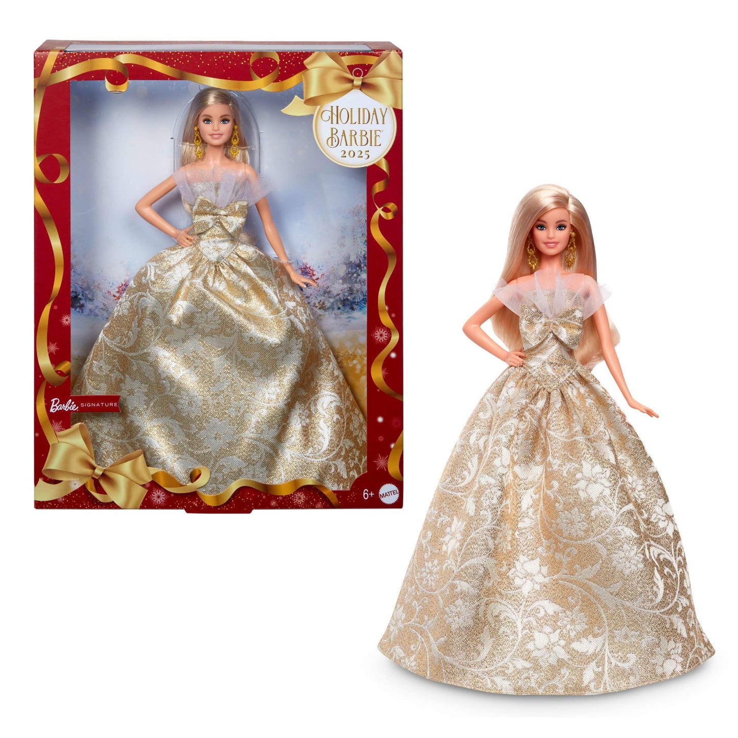 Barbie Signature Holiday Barbie doll in silver and gold gown with display packaging and stand, seasonal collector's item.