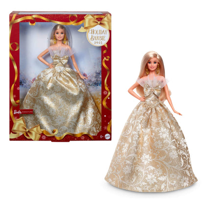 Barbie Signature Holiday Barbie doll in silver and gold gown with display packaging and stand, seasonal collector's item.
