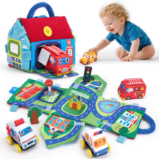 hahaland Baby Toys 6-12 Months Cars Plush Sensory Toys with a Storage Bag, Sensory Car, Pull-Back Cars, City Props Kits, Mirror, Montessori Toy Sensory Toy for Babies Toddlers 1-3，Boys Birthday Gift