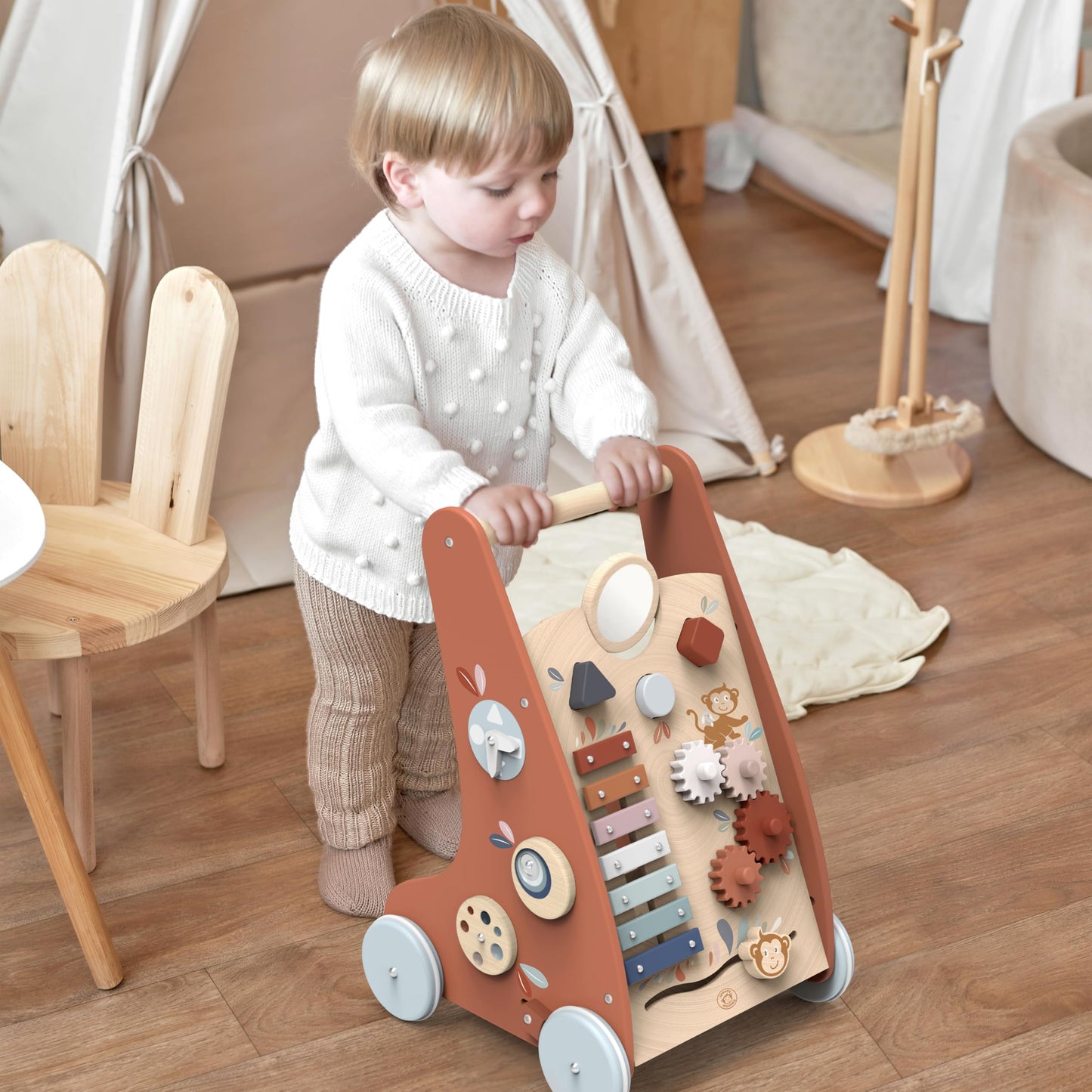 Speedy Monkey wooden baby walker with 9 activity toys, non-slip rubber wheels, FSC certified wood for boys and girls aged 6 months to 1 year