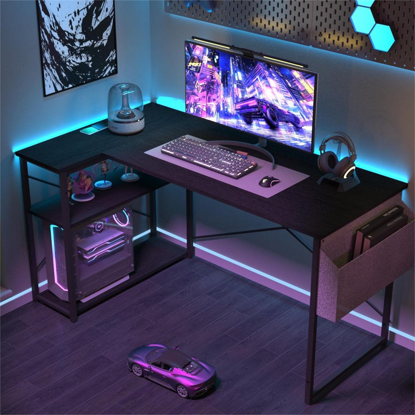 Black BEXEVUE L-shaped gaming desk with large reversible storage shelves, compact computer and office workstation for study or play.