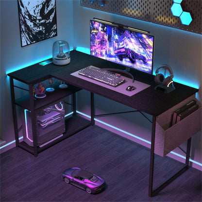 Black BEXEVUE L-shaped gaming desk with large reversible storage shelves, compact computer and office workstation for study or play.