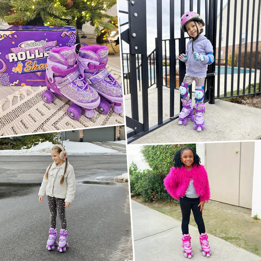 Nattork kids' roller skates for girls with light-up wheels, adjustable sizes for ages 3-12, featuring safety protection and colorful design.