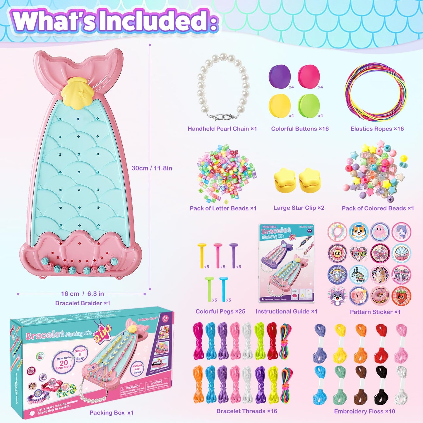 Euclidean Cube Bracelet Making Kit for Girls, 2 in 1 Fishtail Shape DIY Jewellery Making Kit, Arts and Crafts for Kids Age 6-12, Birthday Christmas Gifts for 6 7 8 9 10 11 12 Years Old Girls (Pink)
