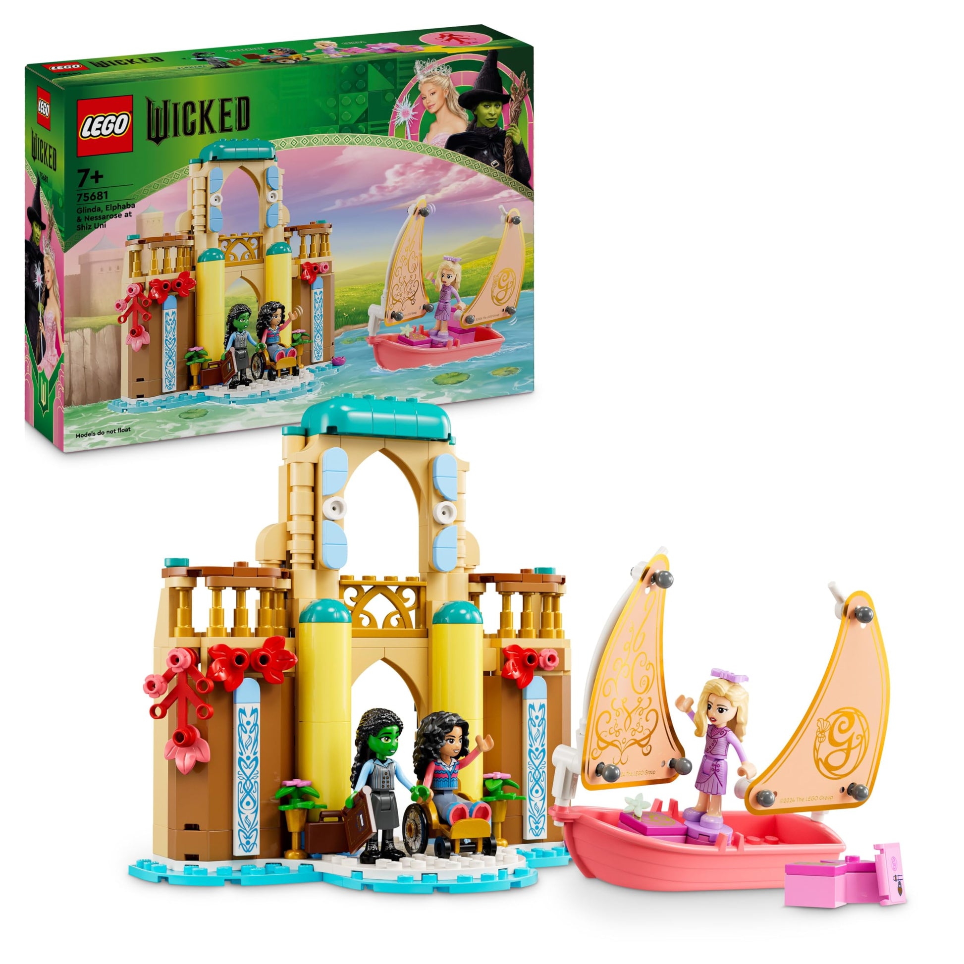 LEGO Wicked set featuring Glinda, Elphaba, and Nessarose mini dolls with a boat and accessories at Shiz University.