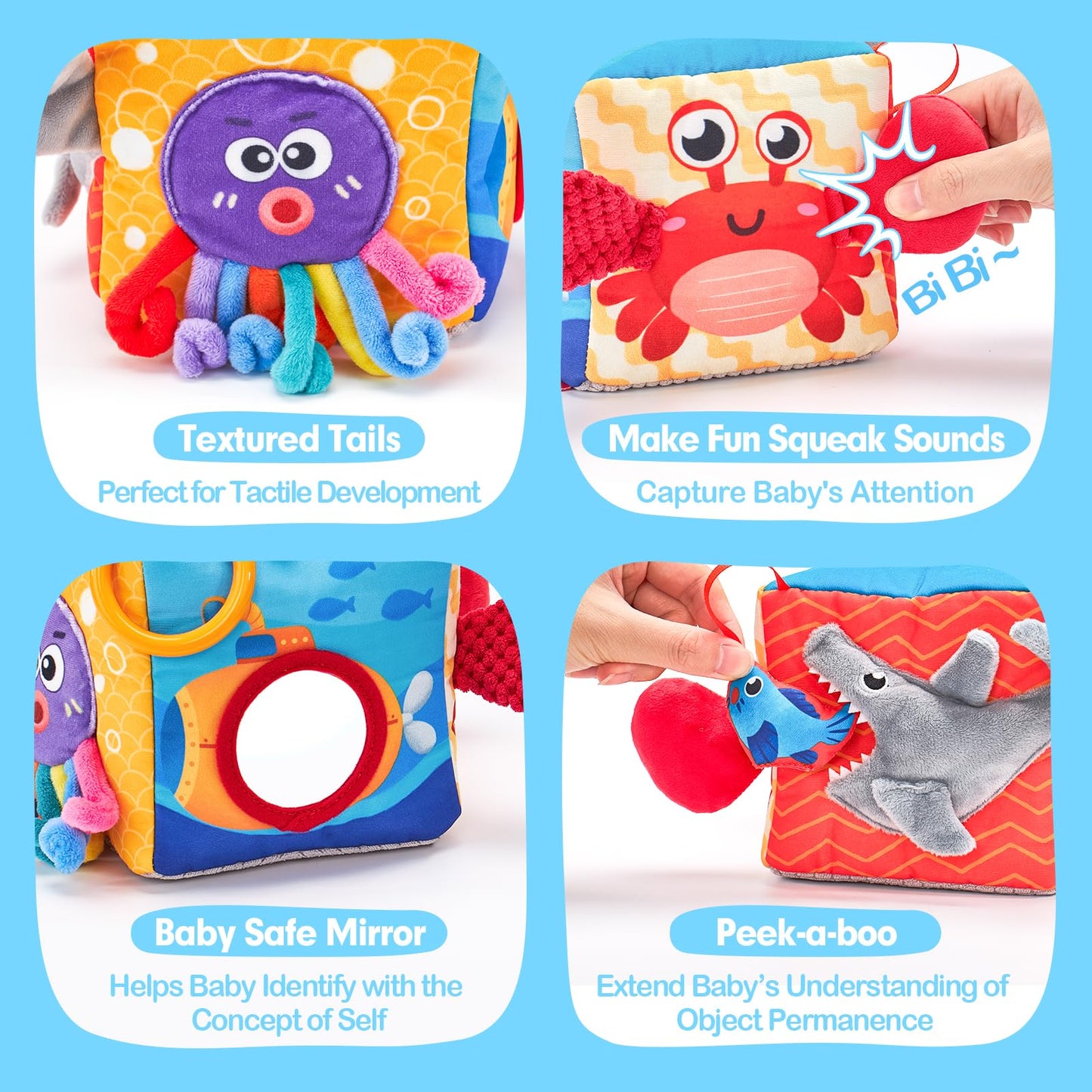 hahaland Baby Tissue Box Toy, Baby Toys 6 Months+ Montessori Toys for 6 Month Old with Textured Tails, Cloth Tissues, Crinkle, Squeaky Sounds, Mirror - Christmas Stocking Stuffers Sensory Toy