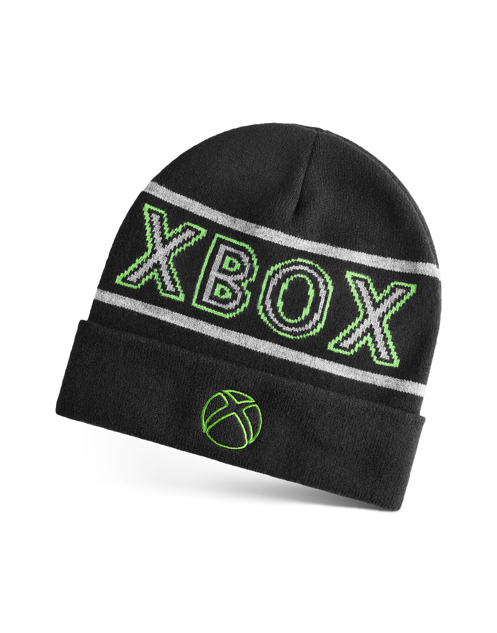 Black Xbox boys beanie hat with embroidered logo, knitted winter cuffed hat for kids, warm and comfortable for gamers.
