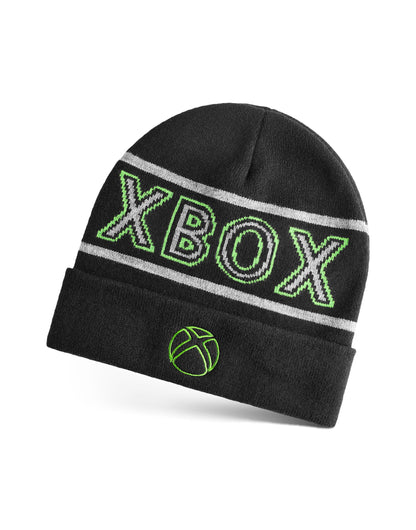 Black Xbox boys beanie hat with embroidered logo, knitted winter cuffed hat for kids, warm and comfortable for gamers.