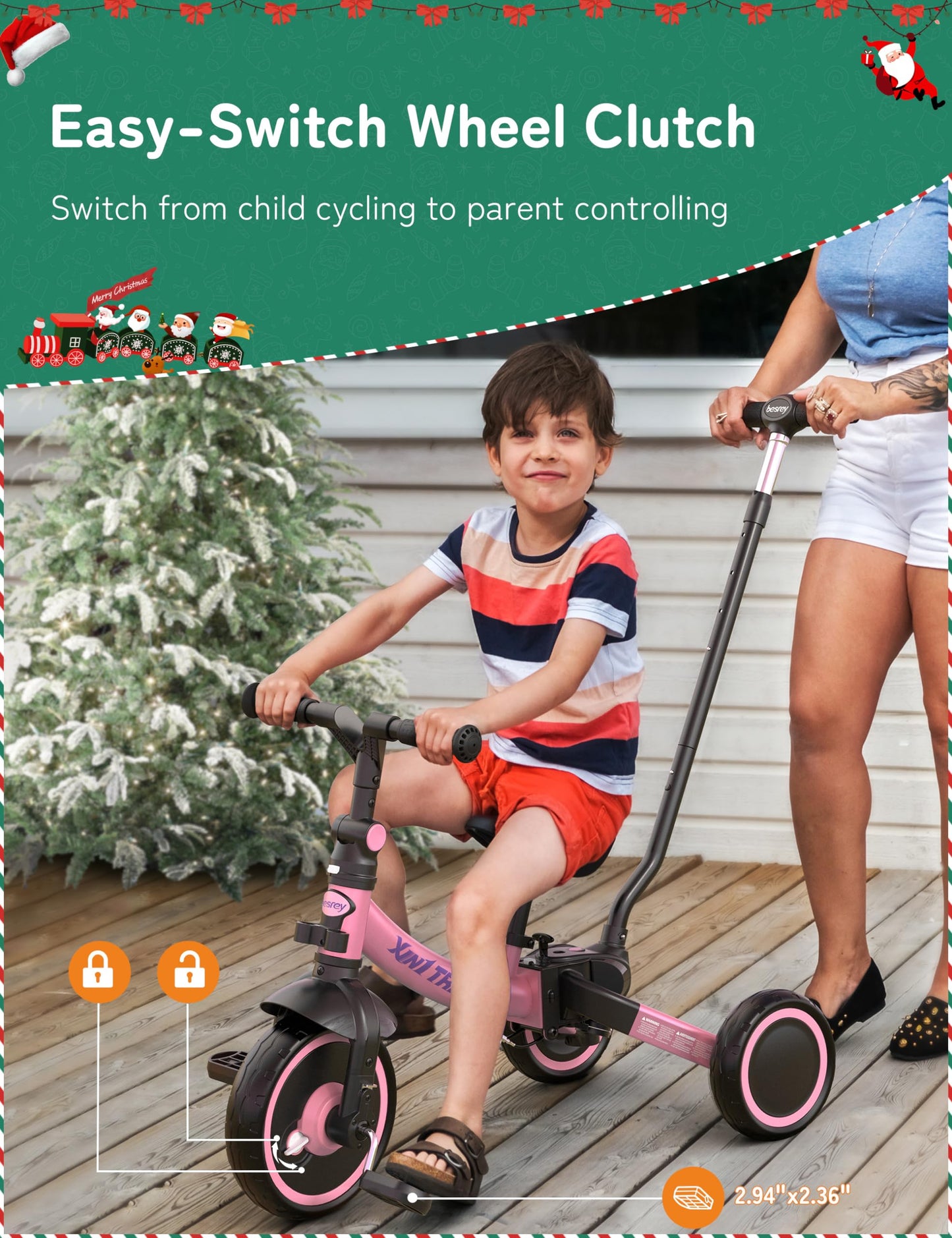 Pink besrey 7-in-1 toddler tricycle with adjustable seat, removable pedals, and parent steering push handle for ages 1-5.