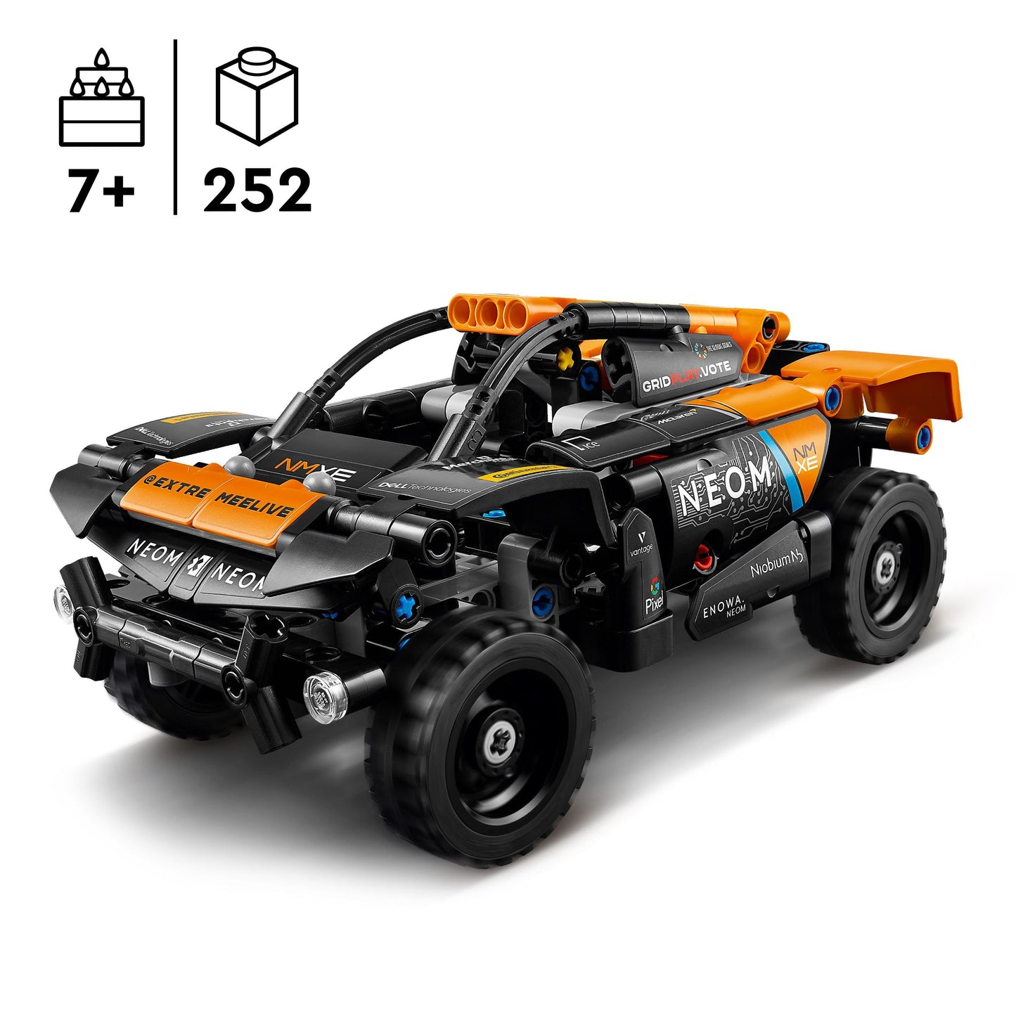 LEGO Technic NEOM McLaren Extreme E race car toy set with off-road design, ideal for kids aged 7 and up.
