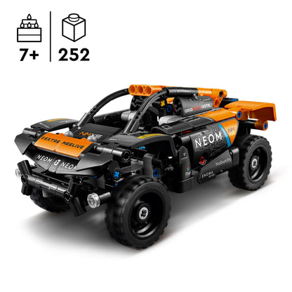 LEGO Technic NEOM McLaren Extreme E race car toy set with off-road design, ideal for kids aged 7 and up.