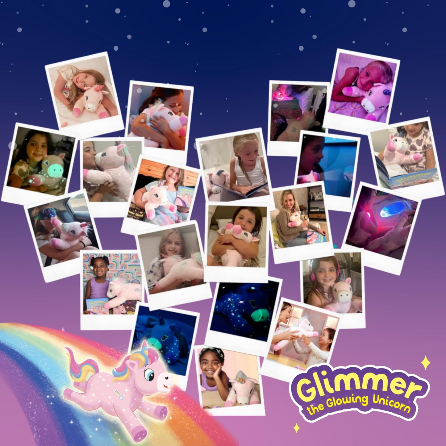 SNUGSHINE Glow in The Dark Unicorn Plush Set with Unicorn Book & Torch Projector starring Glimmer the Glowing Unicorn