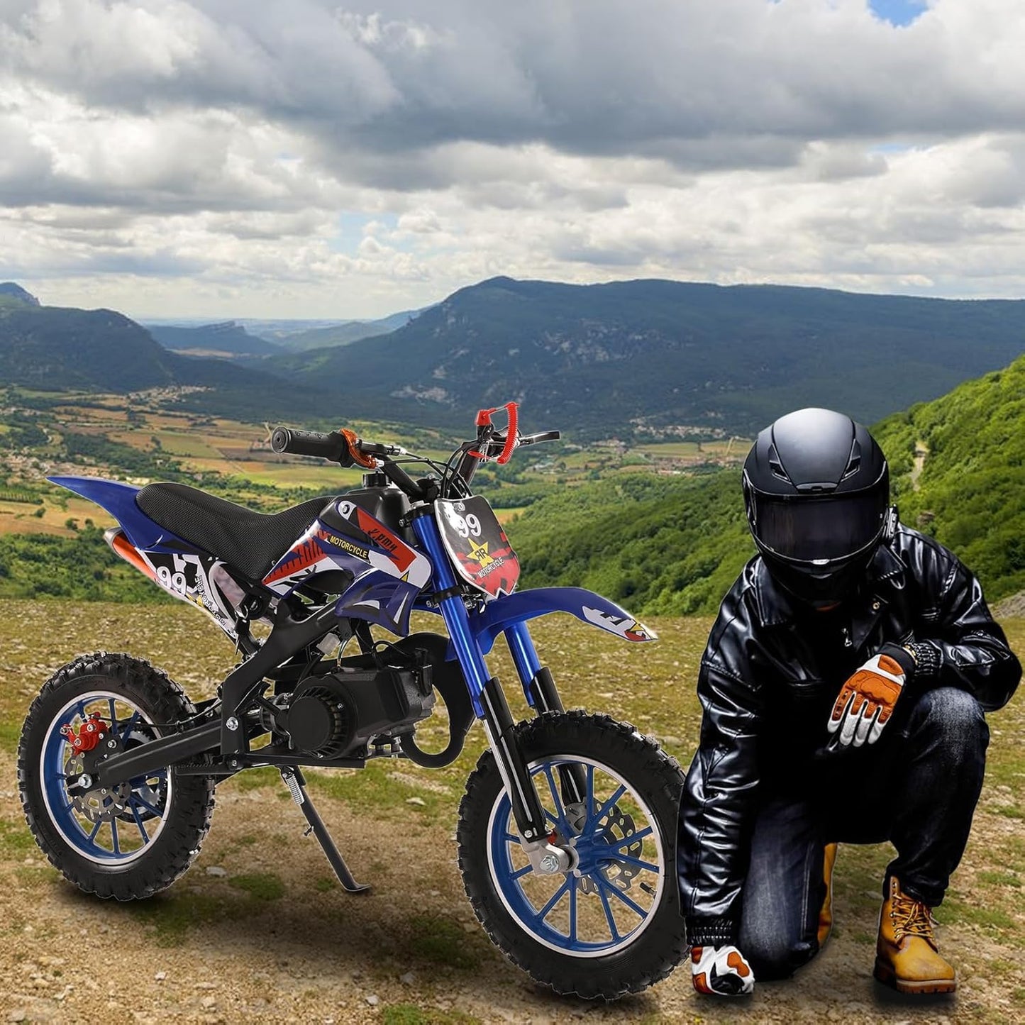 tekrabea Kids Dirt Bike, 49cc 2-Stroke Petrol Power Motocross Bike, Pocket Rocket Bikes with Dual Disc Brakes, Petrol Bikes for Kids Ages 6-12, Racing Max Speed 40km/H (Blue)