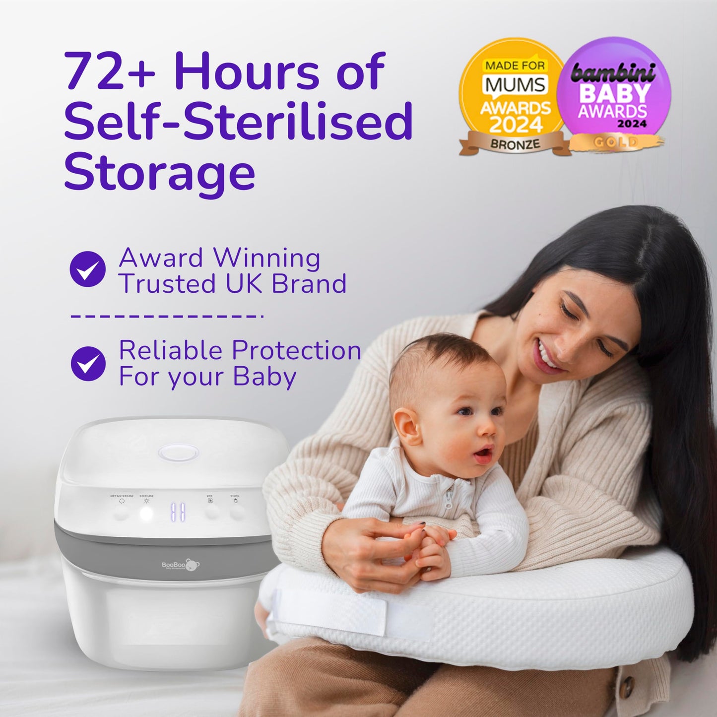 BooBoo Baby Pro UV steriliser for baby bottles, dummies, toys, and accessories, with large capacity and quick 11-minute sterilization