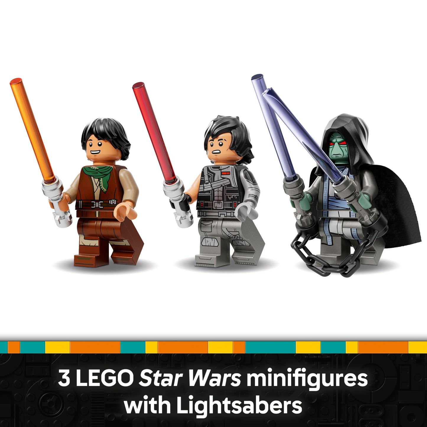 LEGO Star Wars 75414 Snowspeeder building toy with three minifigures, lightsabers, and a speeder bike on a snowy backdrop.