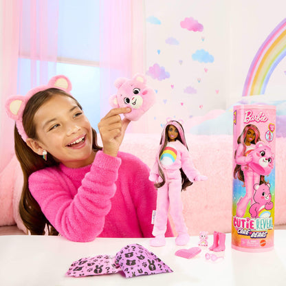 Barbie Care Bears Series Doll with Cheer Bear plush costume, accessories, and 10 surprises including color change features and mini bear.