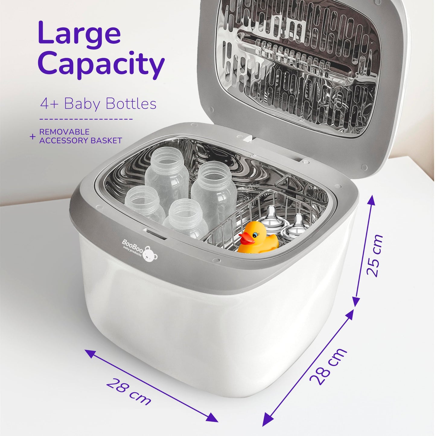 BooBoo Baby Pro UV steriliser for baby bottles, dummies, and toys, with a large capacity and fast 11-minute sterilisation.
