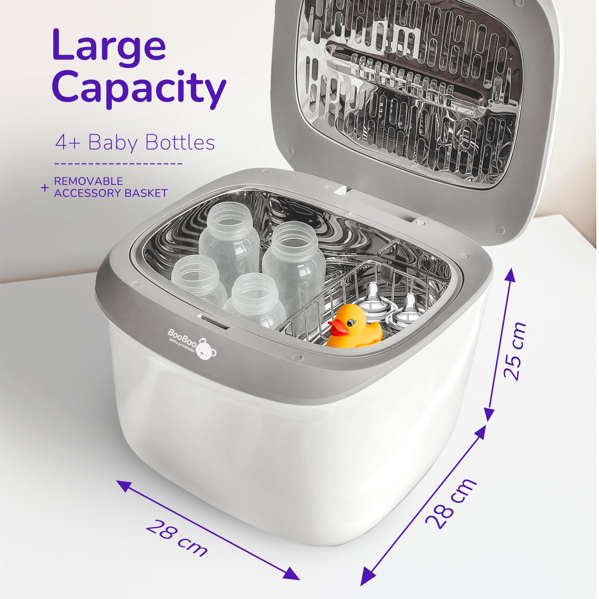 BooBoo Baby Pro UV steriliser for baby bottles, dummies, and toys, with a large capacity and fast 11-minute sterilisation.