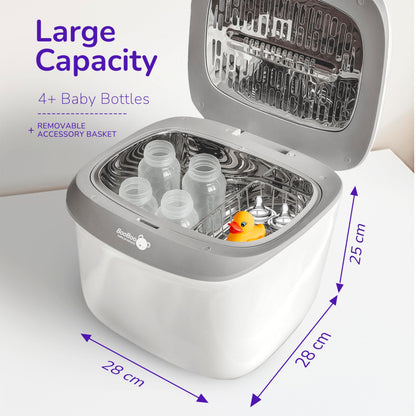 BooBoo Baby Pro UV steriliser for baby bottles, dummies, and toys, with a large capacity and fast 11-minute sterilisation.