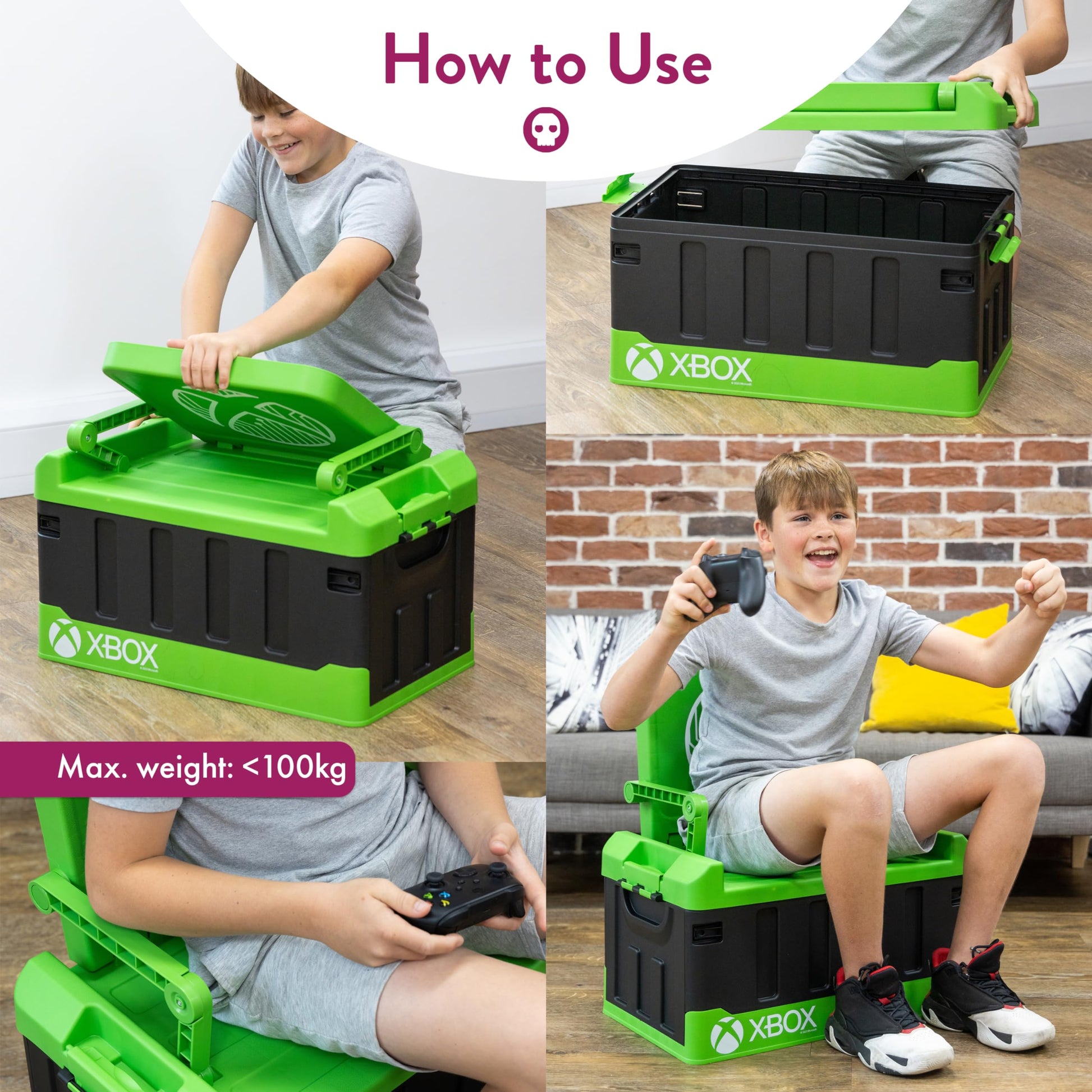 Numskull Xbox 2-in-1 toy storage box and folding chair with lid and handles, gaming accessory organizer, official Microsoft merchandise.