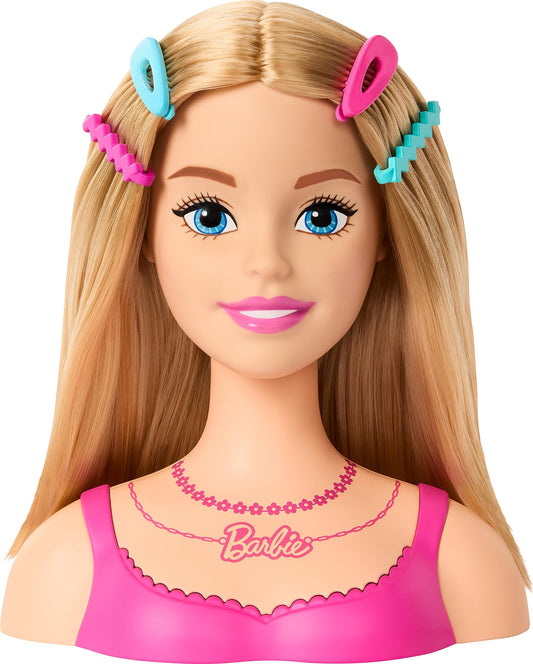 Barbie doll styling head with blonde hair and 20 colorful accessories for creative hair styling play.