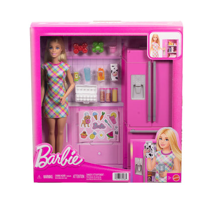 Barbie doll and kitchen playset with refrigerator, food accessories, sticker sheet, and 10 play items, perfect for imaginative play.