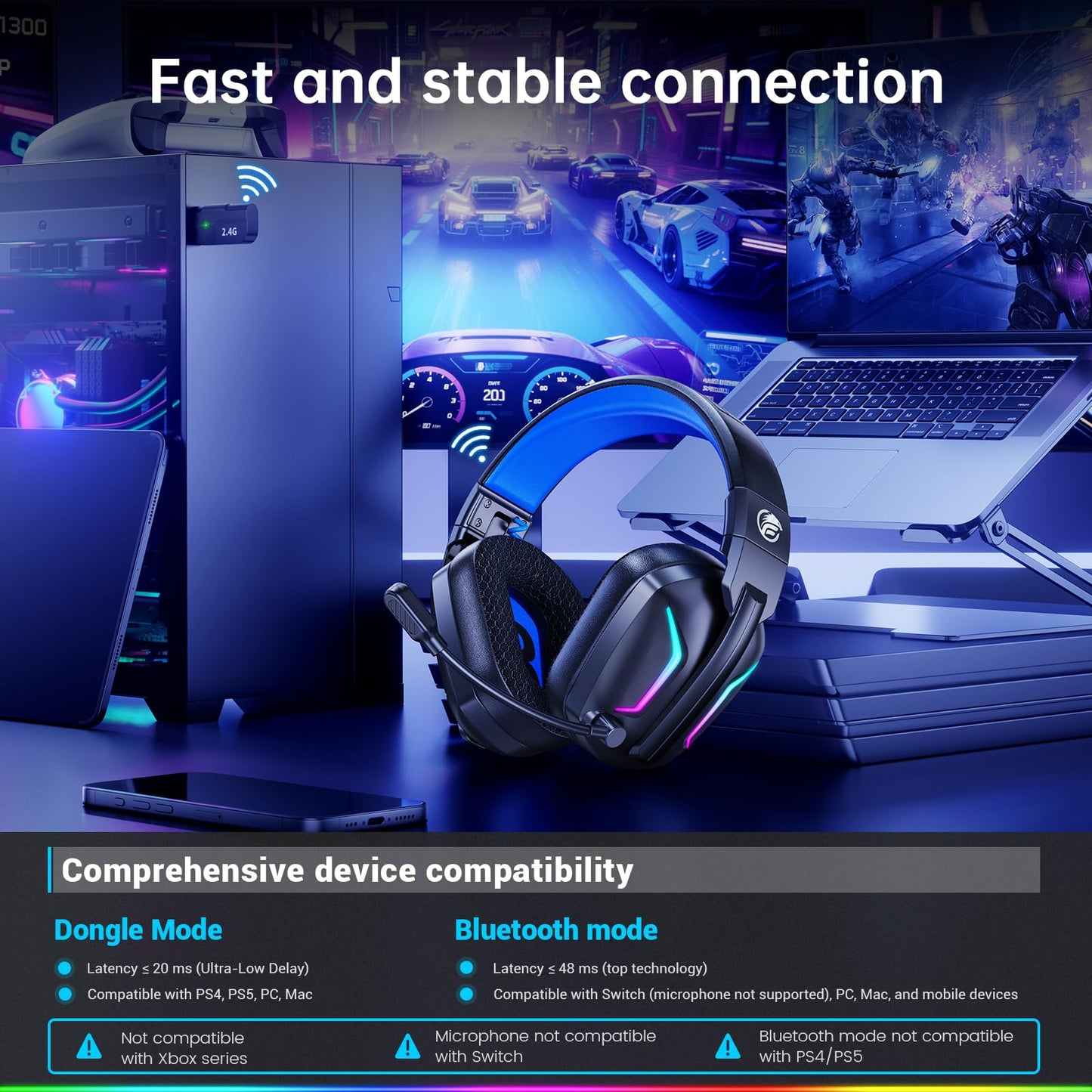 Fachixy FC300 wireless gaming headset with mic, Bluetooth and 2.4GHz USB, 50-hour battery, 3D stereo sound, for PS5, PS4, PC, Switch, mobile