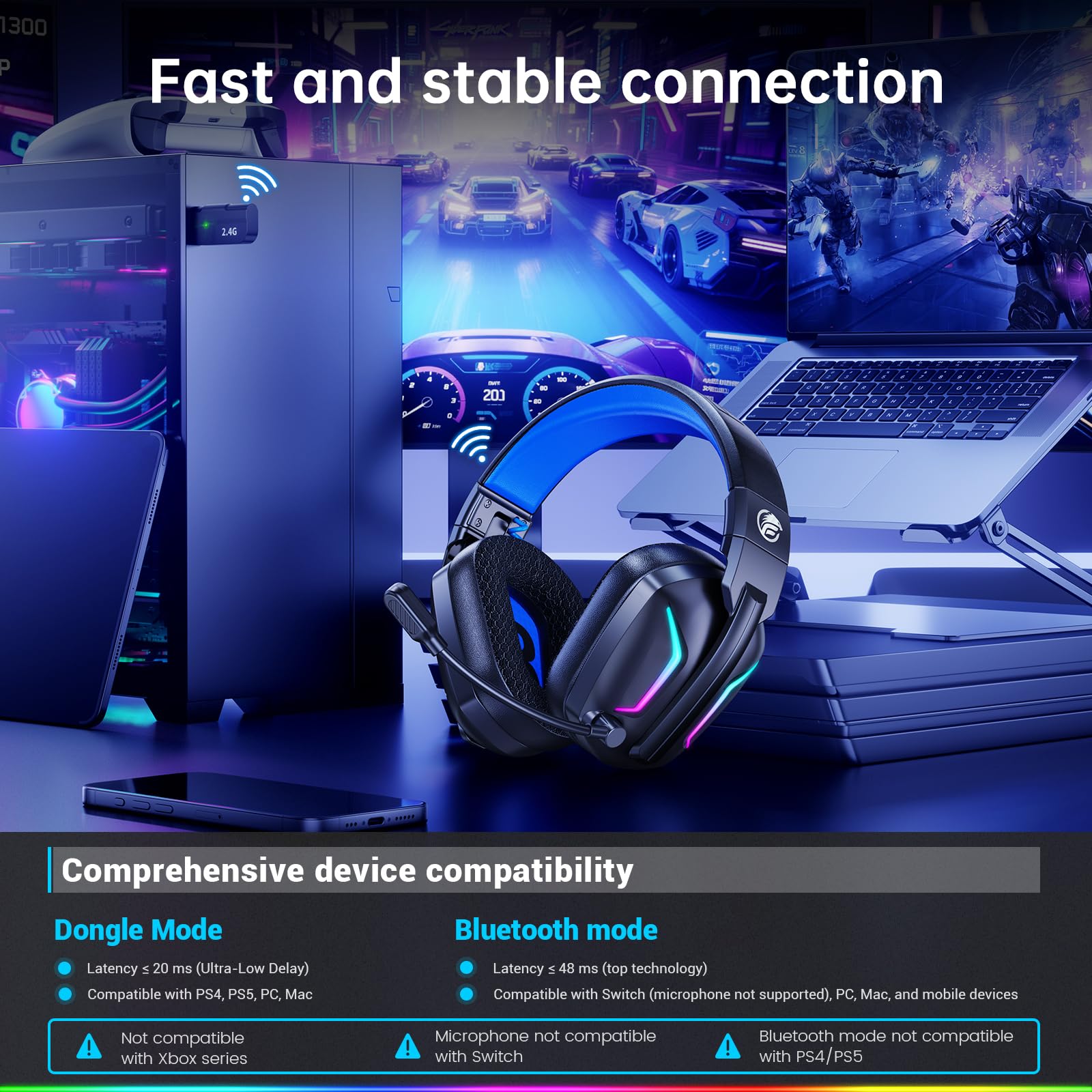 Fachixy FC300 wireless gaming headset with mic, Bluetooth and 2.4GHz USB, 50-hour battery, 3D stereo sound, for PS5, PS4, PC, Switch, mobile