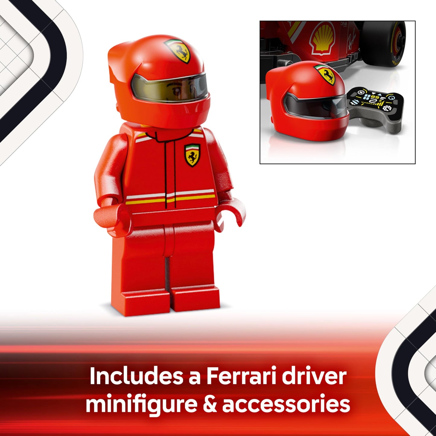 LEGO Speed Champions Ferrari SF-24 F1 race car model kit with minifigure, showcasing detailed design and vibrant colors.