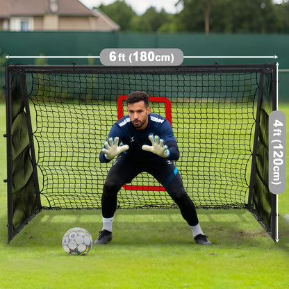 Heavy-duty 6ft x 4ft steel football goals with deep nets, weather-resistant and moveable, designed for kids' soccer practice.