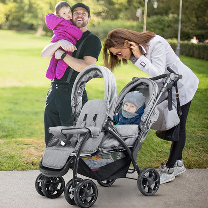 Maxmass Double Seat Baby Stroller, Folding Infant Pushchair with Adjustable Handlebar & Backrest, Storage Basket and Detachable Canopy, Travel Toddler Buggy for Shopping, Hanging Out (Grey)