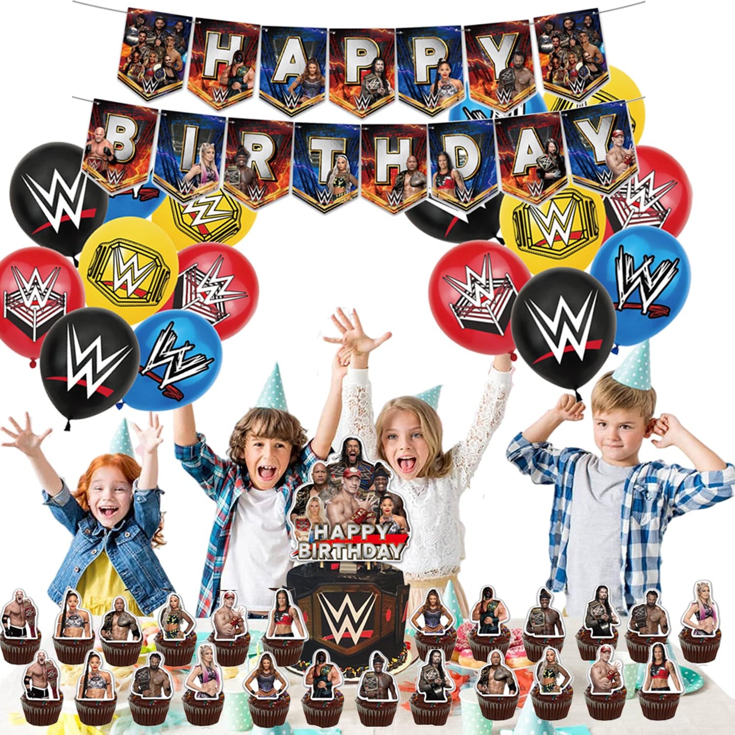 Wrestlinss Birthday Party Decorations Wrestling Party Supplies, Happy Birthday Banner, Balloons, Cake Toppers Decoration Cupcake Toppers