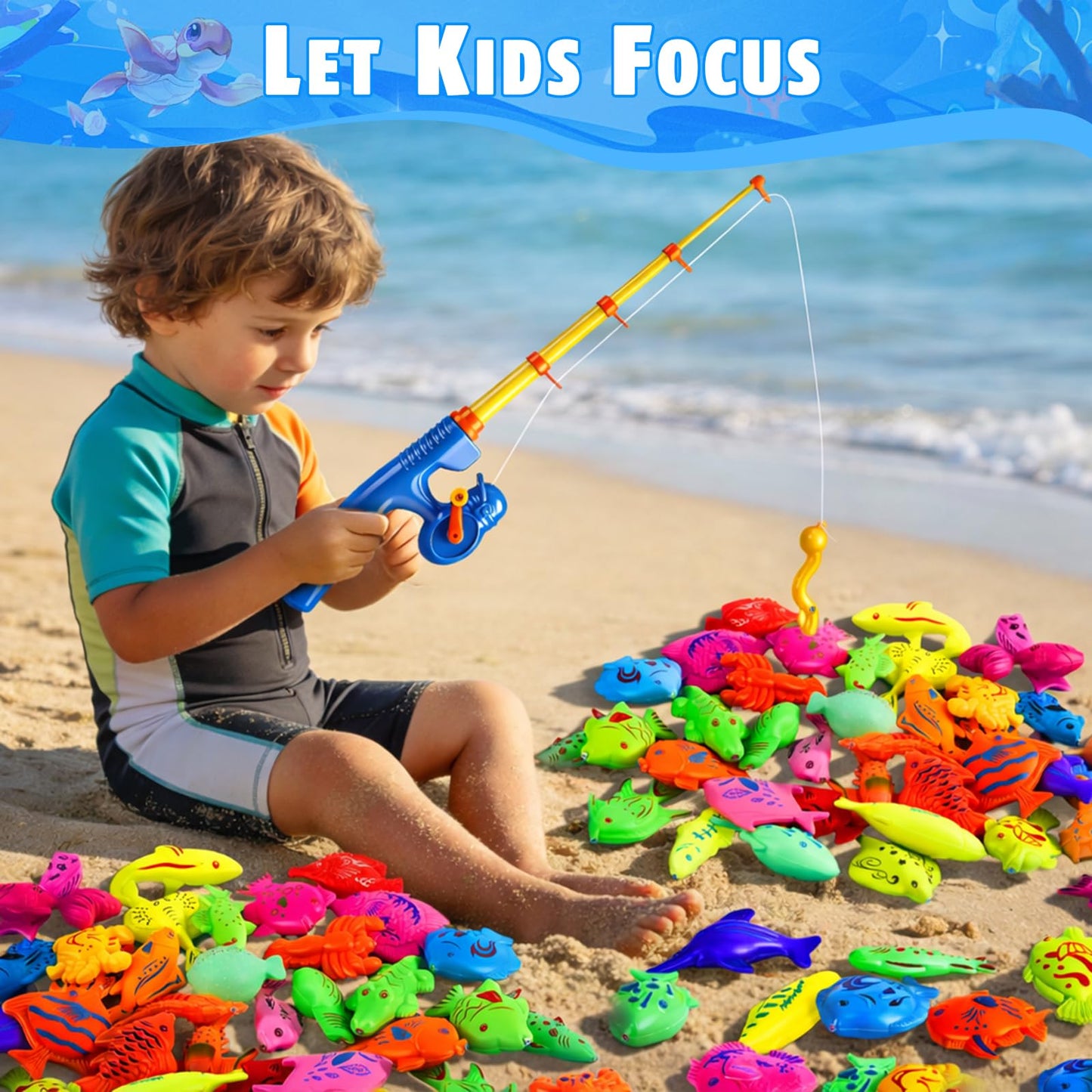 CozyBomB Magnetic Fishing Toys Game Set for Kids for Bath Time Pool Party with Pole Rod Net, Plastic Floating Fish - Toddler Education Teaching Christmas Birthday Gifts