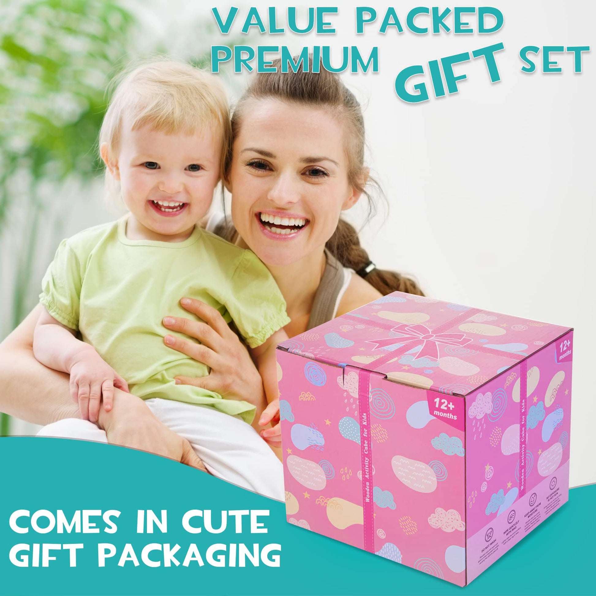 HELLOWOOD wooden activity cube for babies with bead maze, shape sorter, abacus, xylophone, clock, and words for 1-3 year olds.