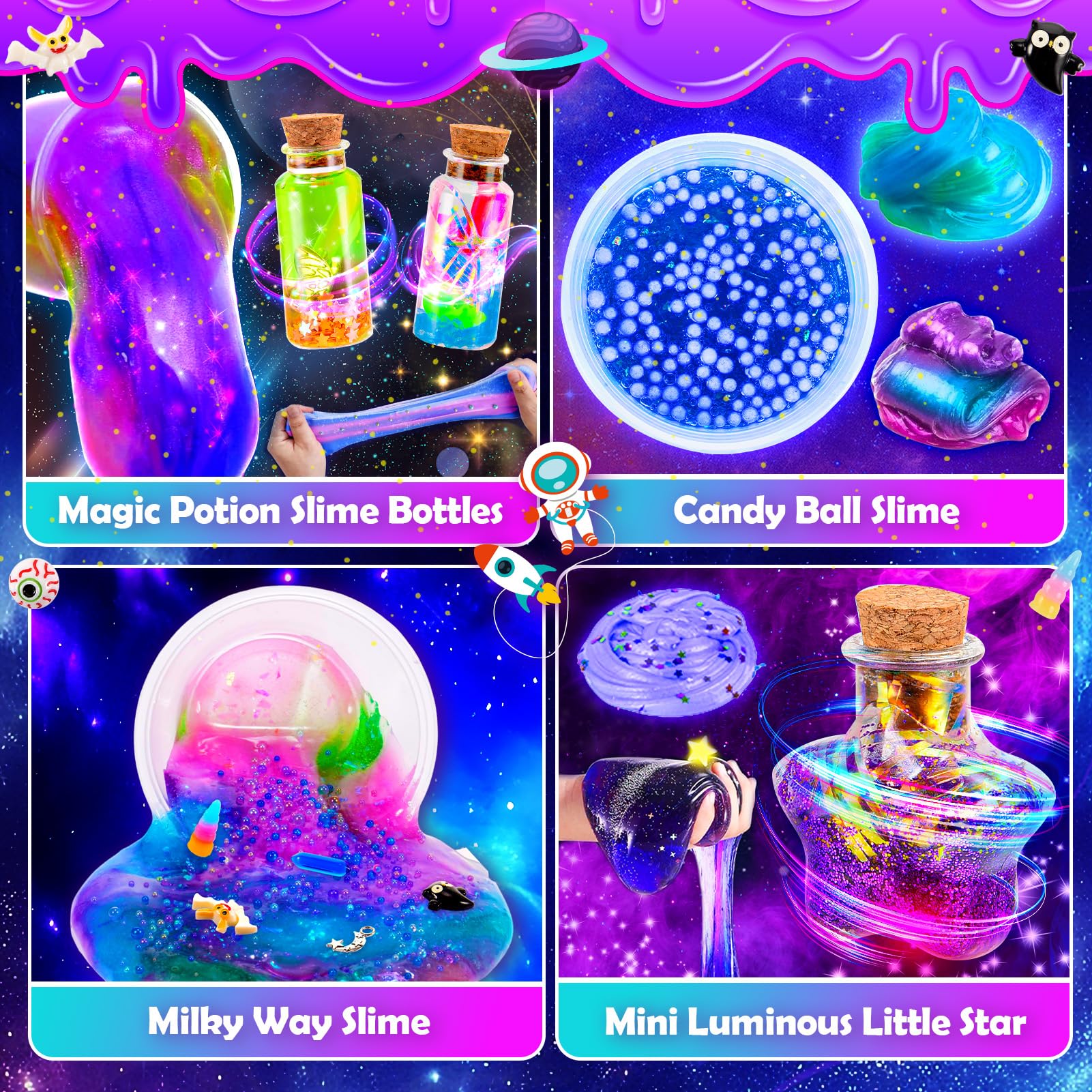 iKidiki galaxy slime making kit for kids, featuring colorful fluffy slime and magic potion ingredients for children ages 6 to 12.