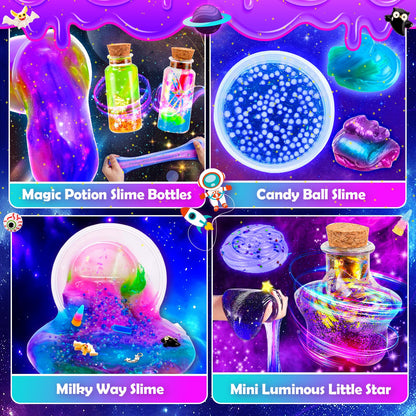 iKidiki galaxy slime making kit for kids, featuring colorful fluffy slime and magic potion ingredients for children ages 6 to 12.
