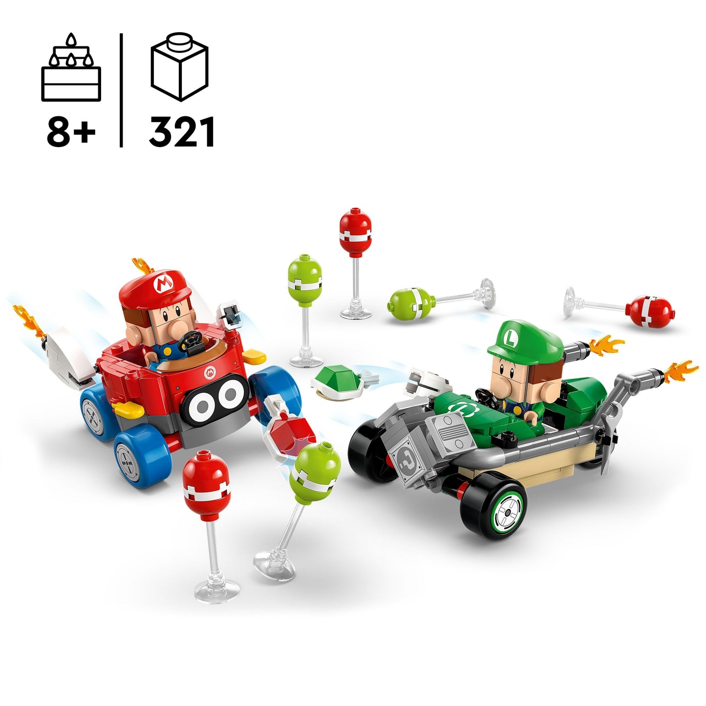 LEGO Super Mario Baby Mario vs. Baby Luigi Toy Set with 2 collectible Nintendo characters and cars, for ages 8 and up.